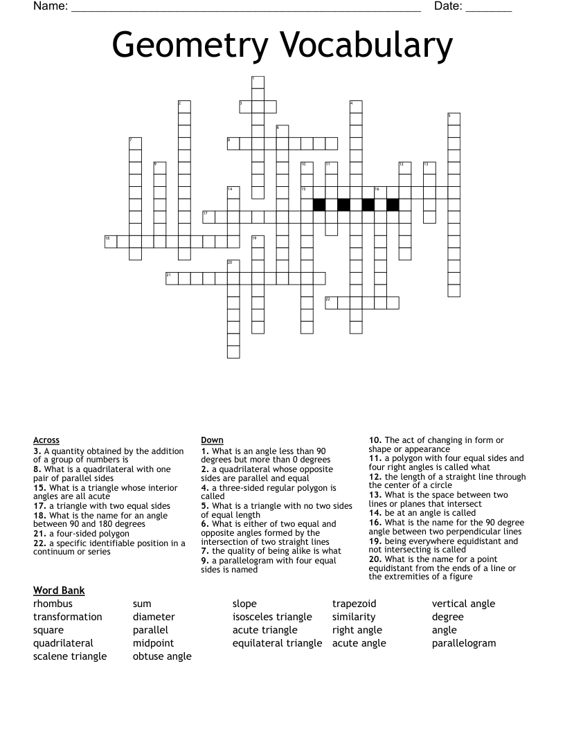Geometry Vocabulary Crossword