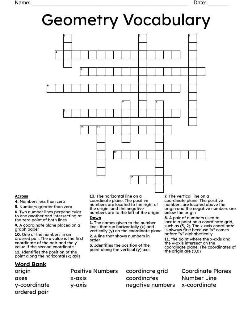 Geometry Vocabulary Crossword