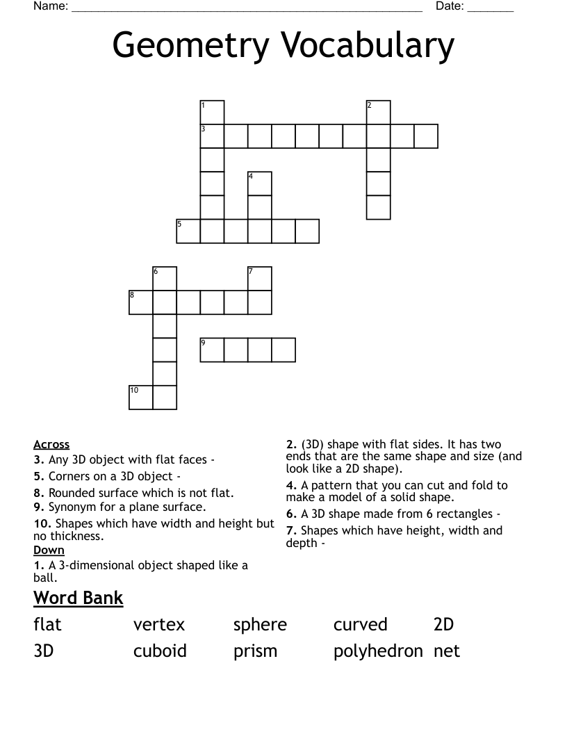 Geometry Vocabulary Crossword