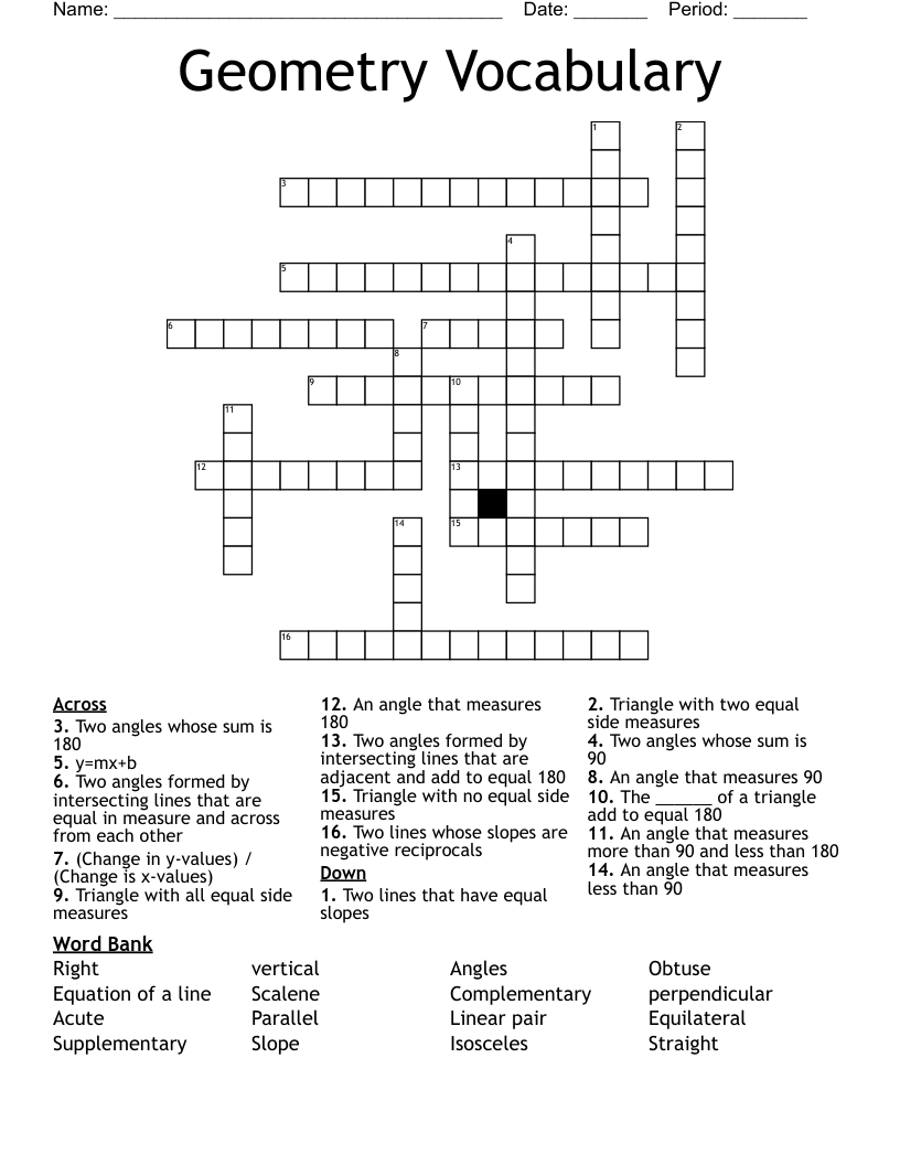 Geometry Vocabulary Crossword