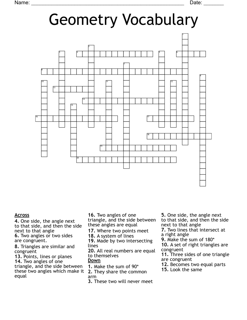 Geometry Vocabulary Crossword