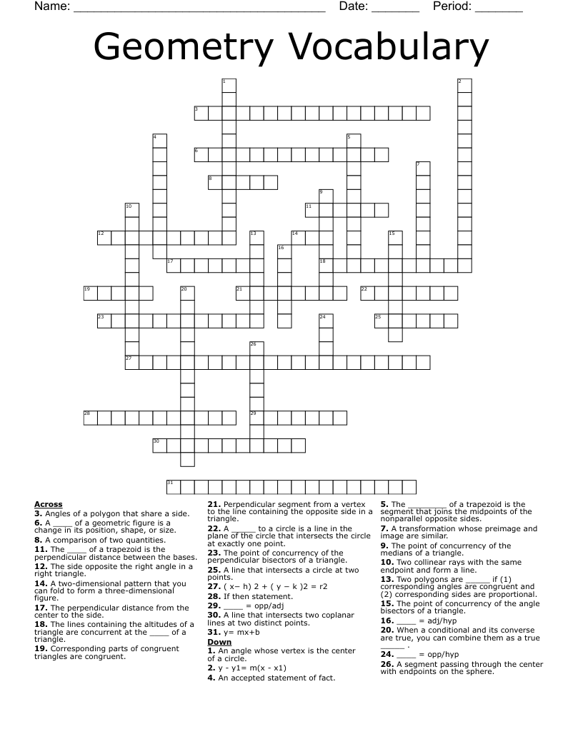 Geometry Vocabulary Crossword