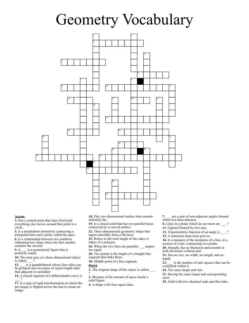 Geometry Vocabulary Crossword
