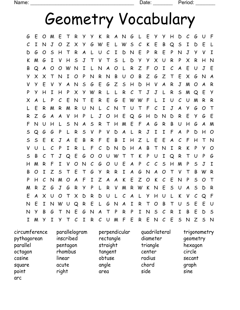 Geometry Vocabulary Word Search