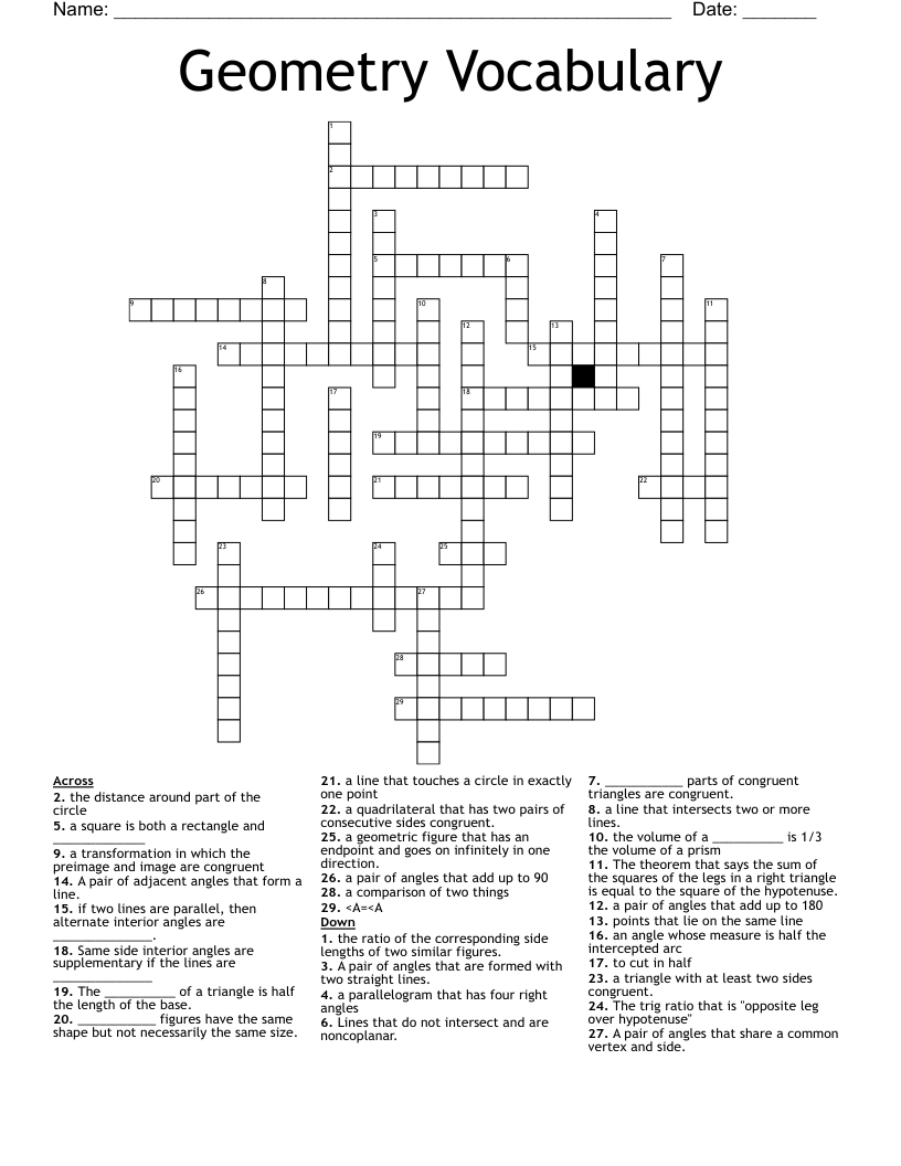 Geometry Vocabulary Crossword
