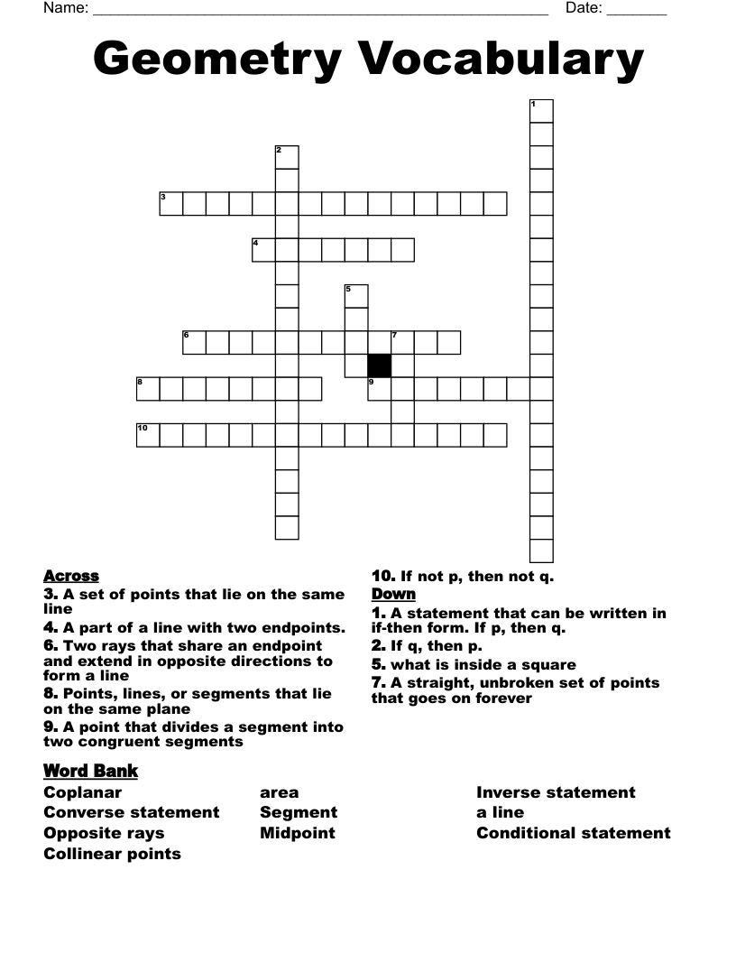 Geometry Vocabulary Crossword