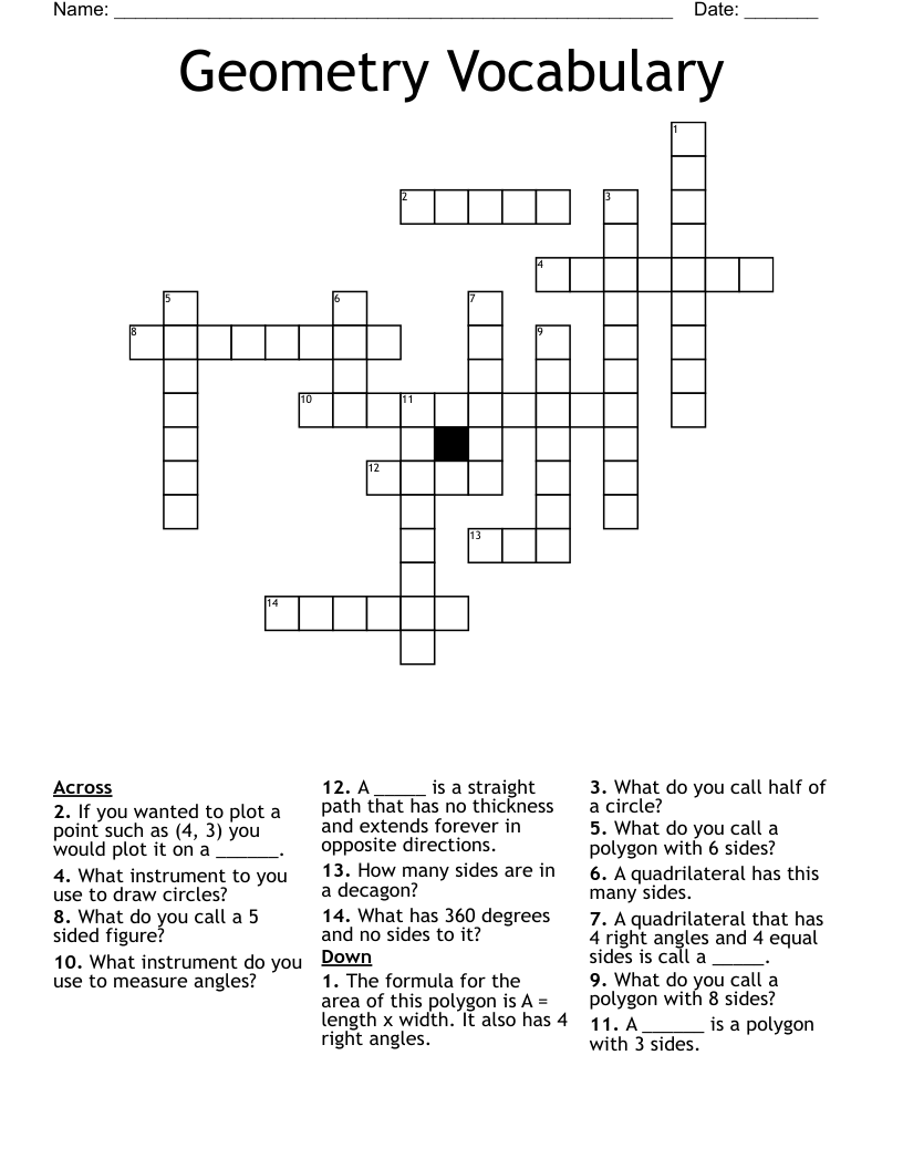 Geometry Vocabulary Crossword