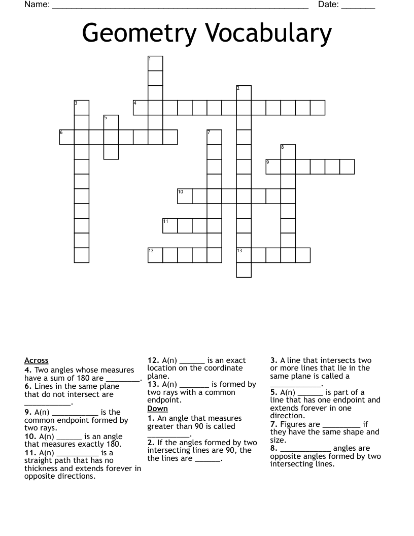 Geometry Vocabulary Crossword