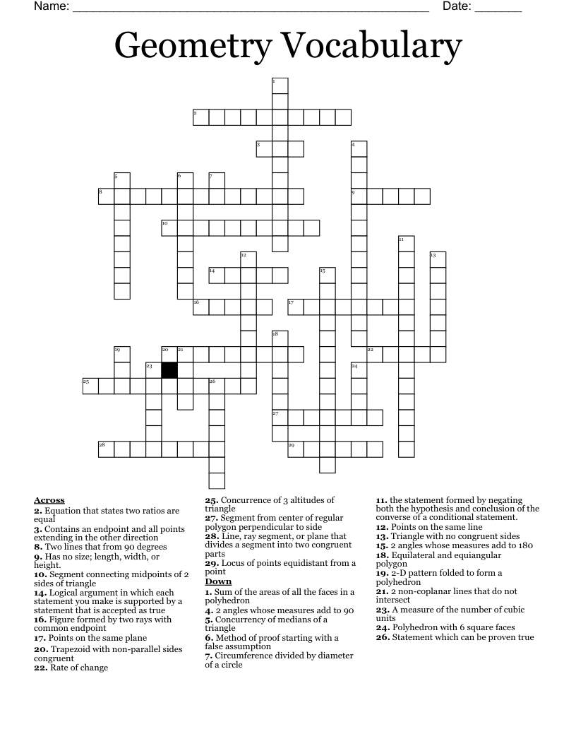 Geometry Vocabulary Crossword