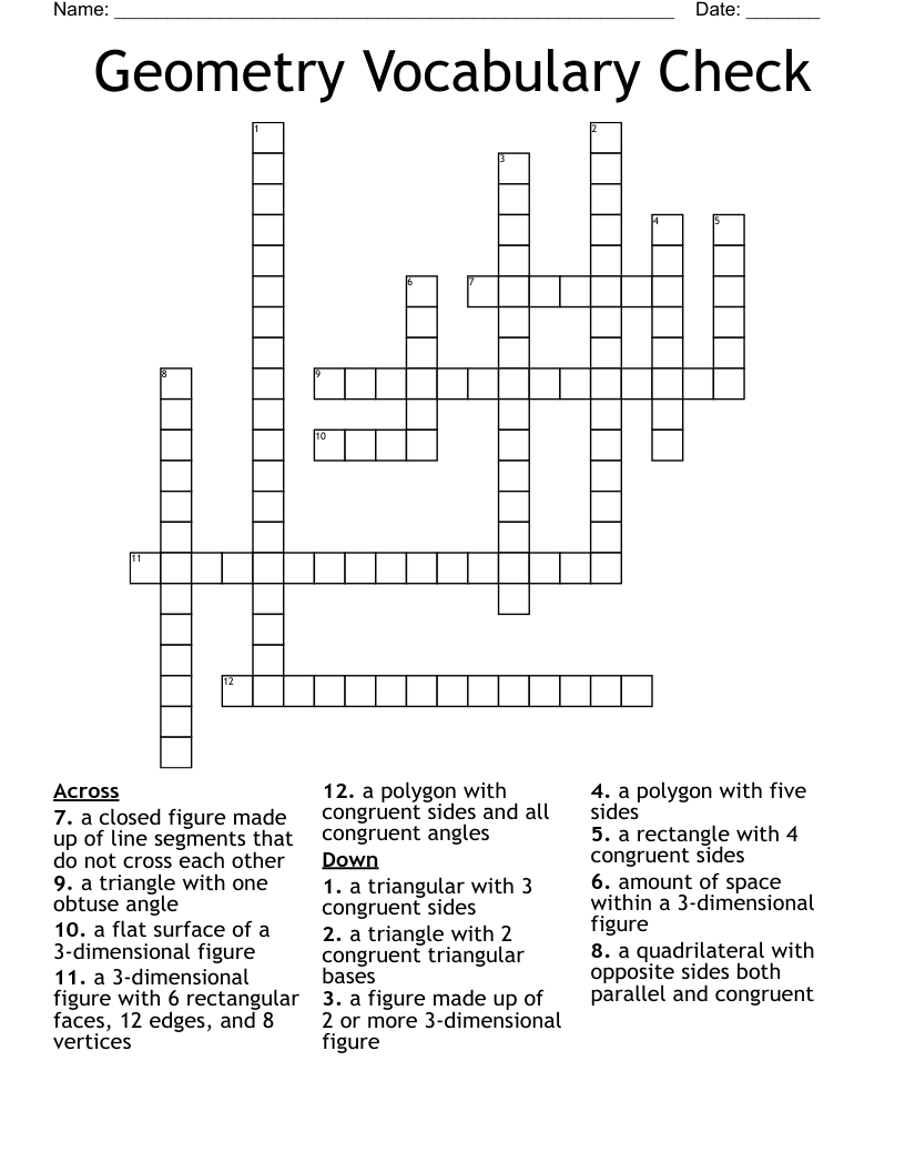 Geometry Vocabulary Check Crossword