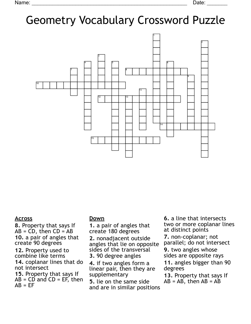 Geometry Vocabulary Crossword Puzzle