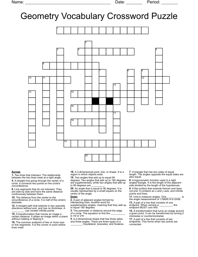 Geometry Vocabulary Crossword Puzzle