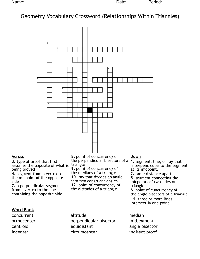 Geometry Vocabulary Crossword (Relationships Within Triangles)