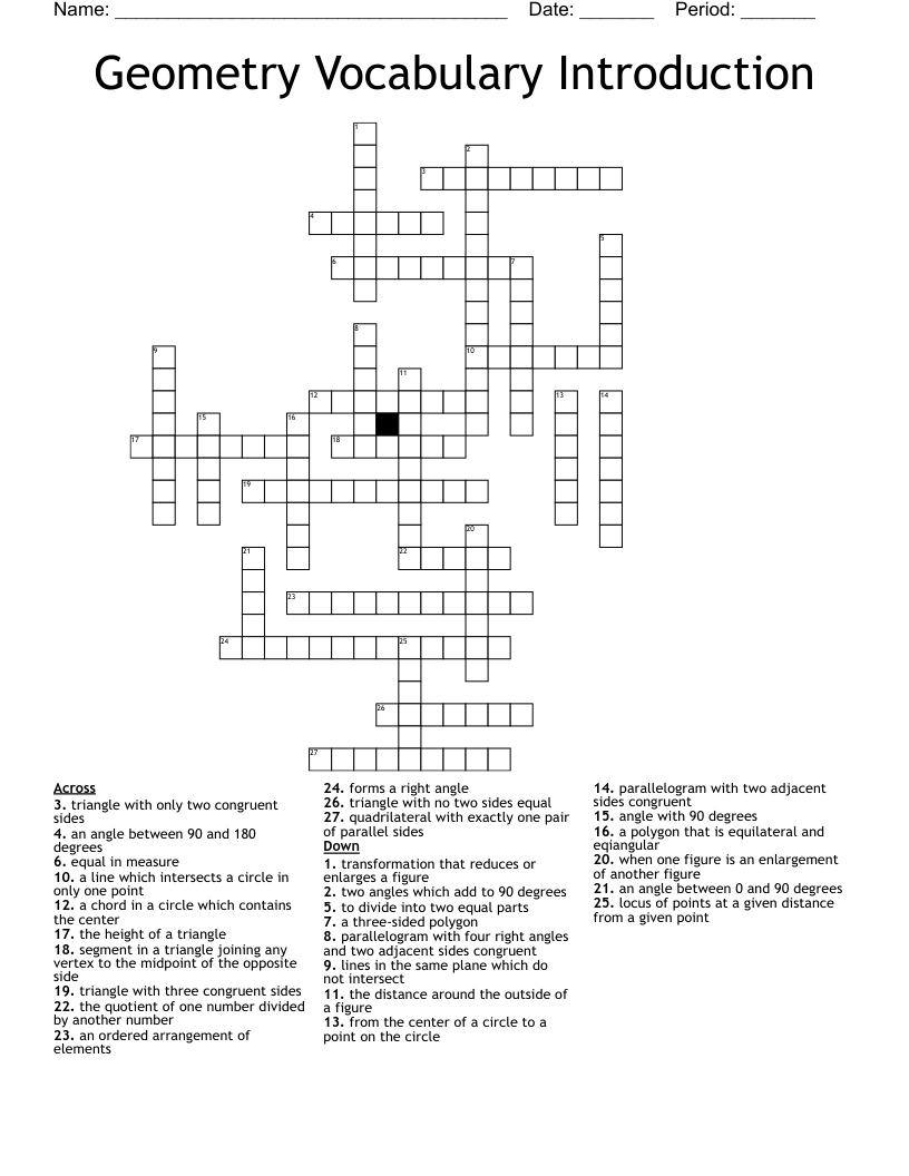 Geometry Vocabulary Introduction Crossword