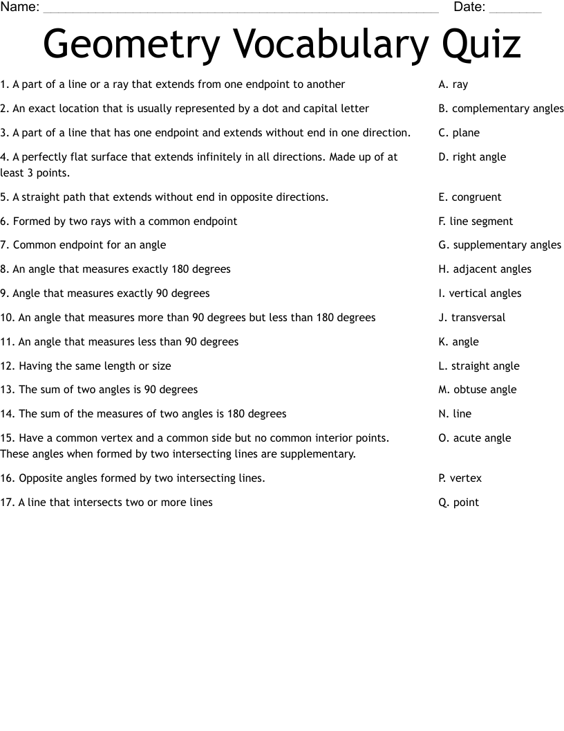 Geometry Vocabulary Quiz Worksheet