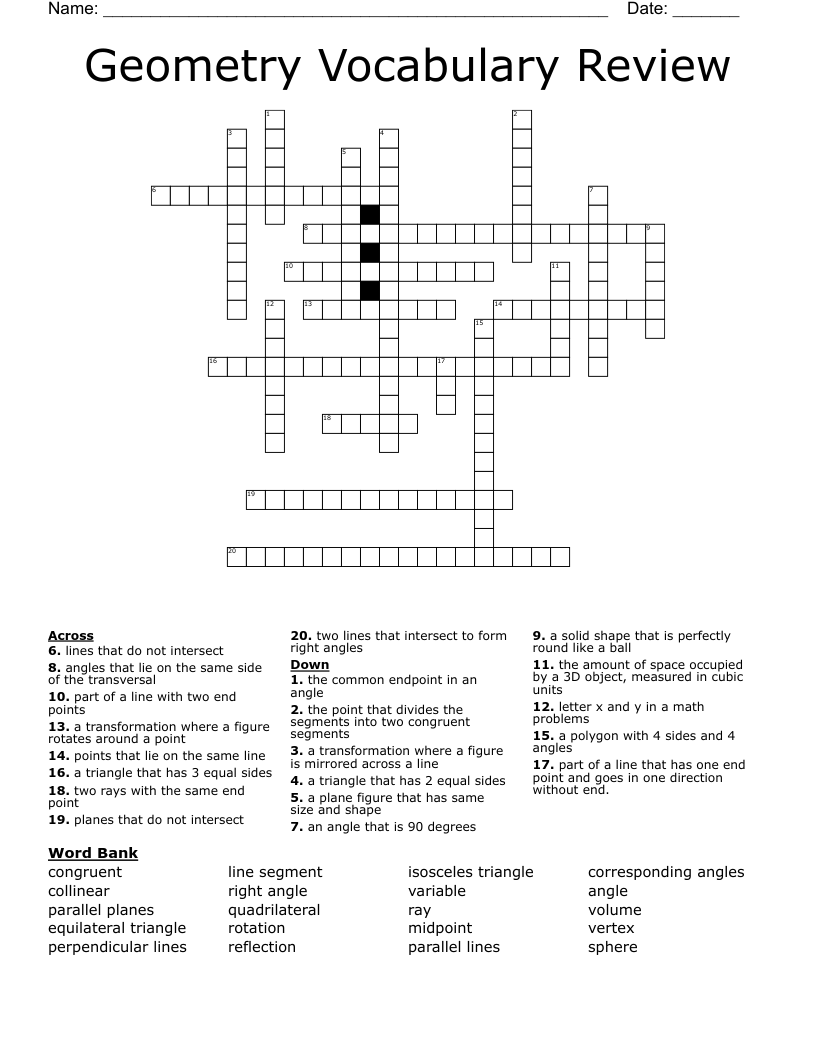 Geometry Vocabulary Review Crossword