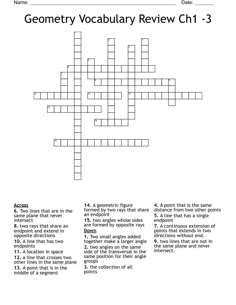 Geometry Vocabulary Review Ch1 -3 Crossword