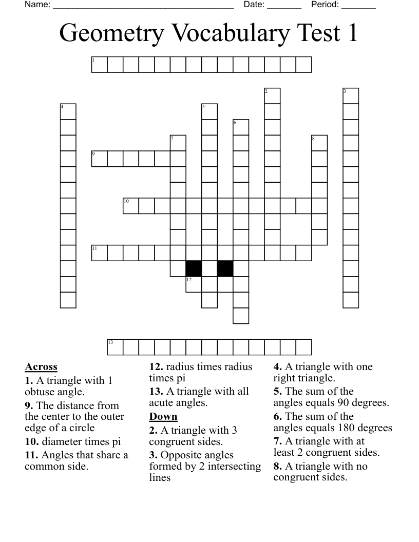 Geometry Vocabulary Test 1 Crossword