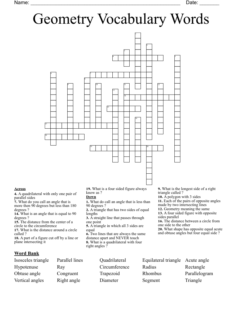 Geometry Vocabulary Words Crossword