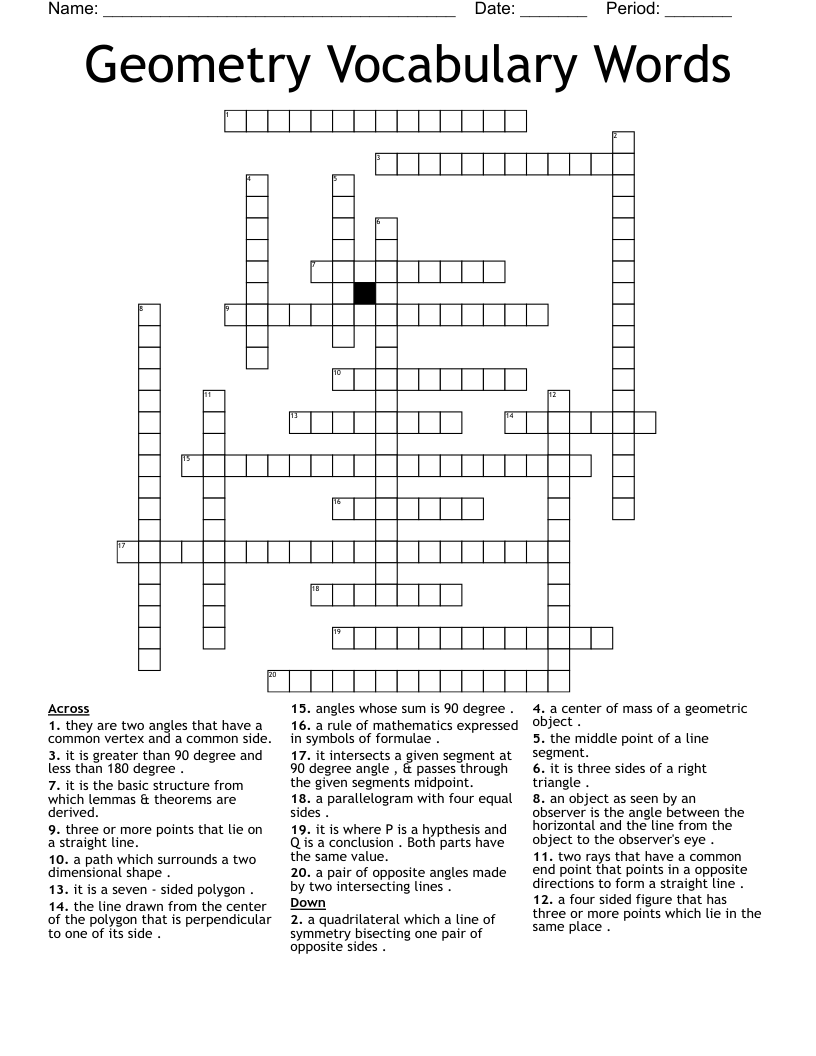 Geometry Vocabulary Words Crossword