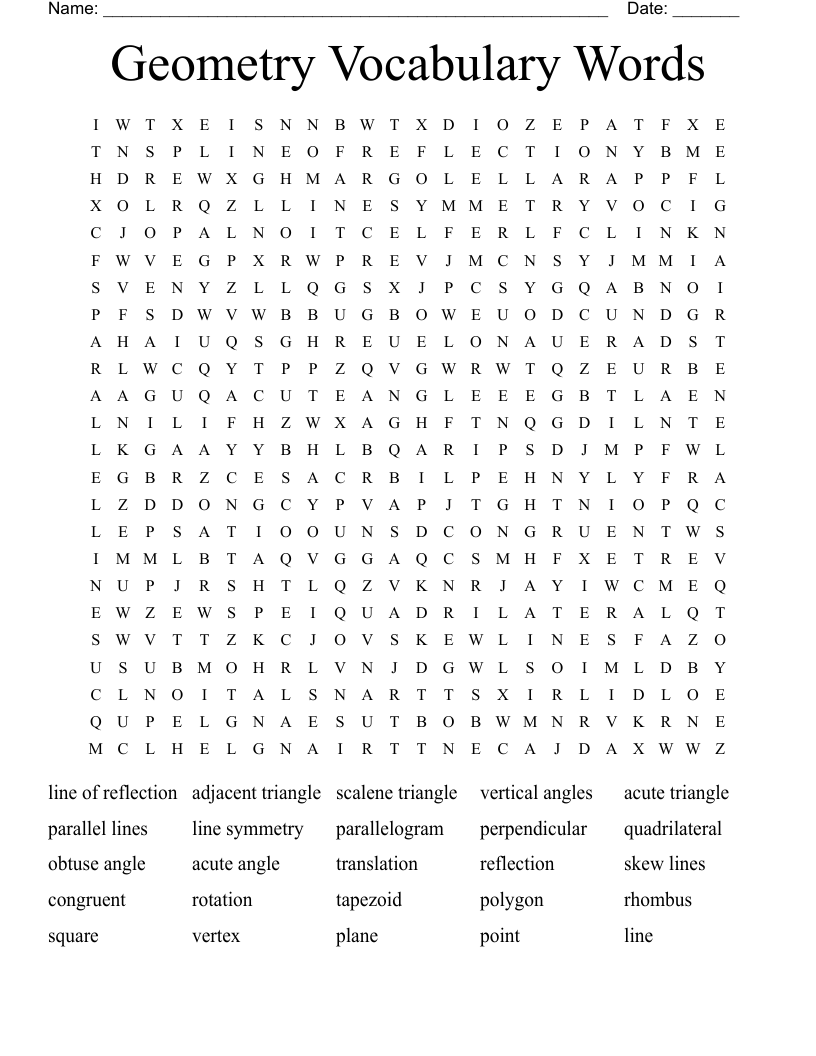 Geometry Vocabulary Words Word Search