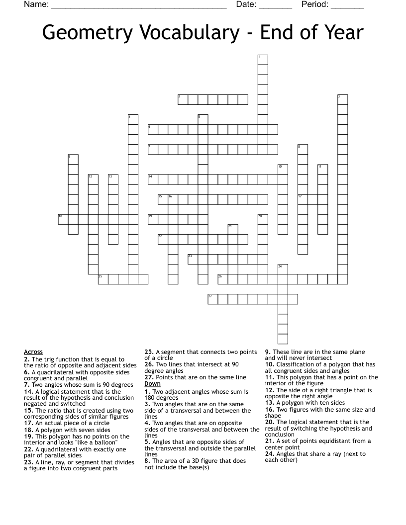 Geometry Vocabulary - End of Year Crossword