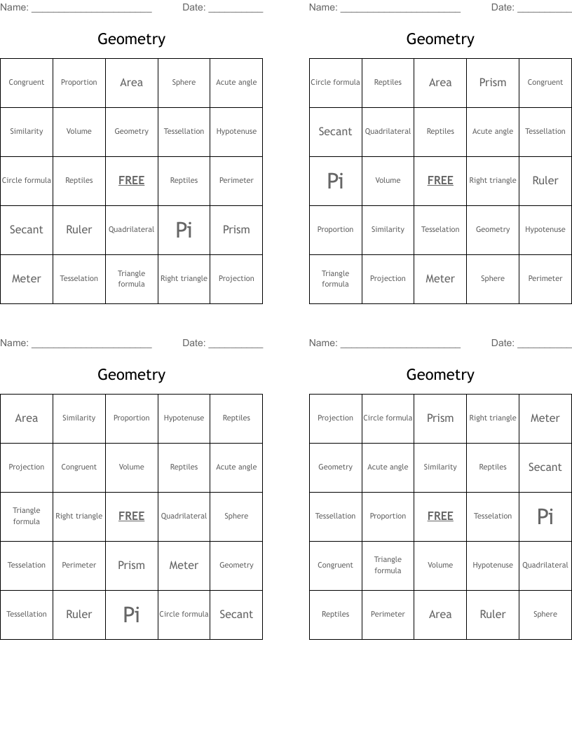 Geometry  Bingo Cards