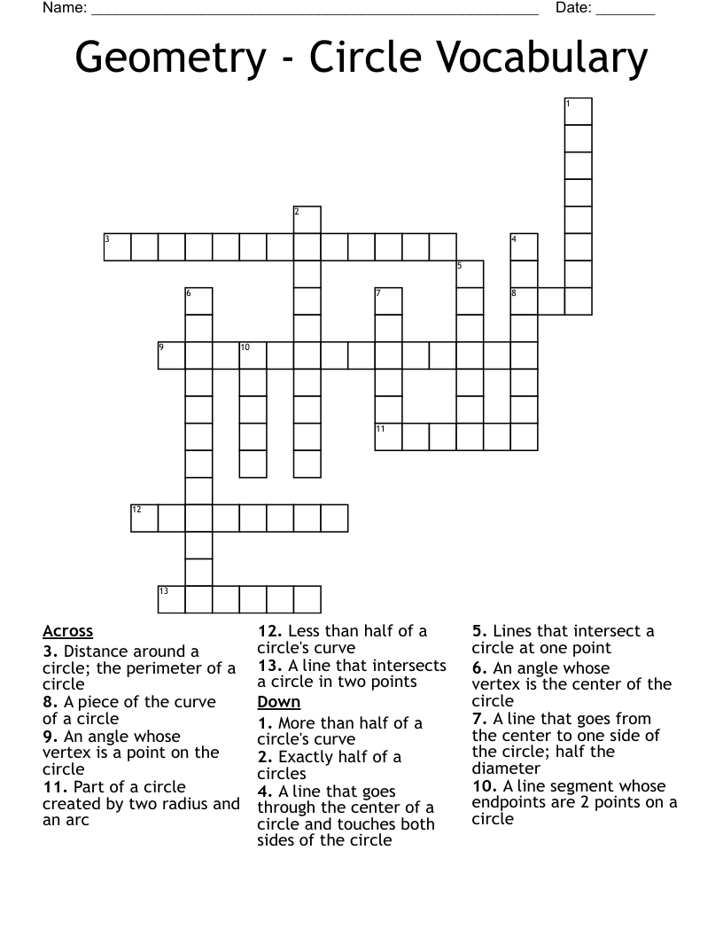 Geometry - Circle Vocabulary Crossword
