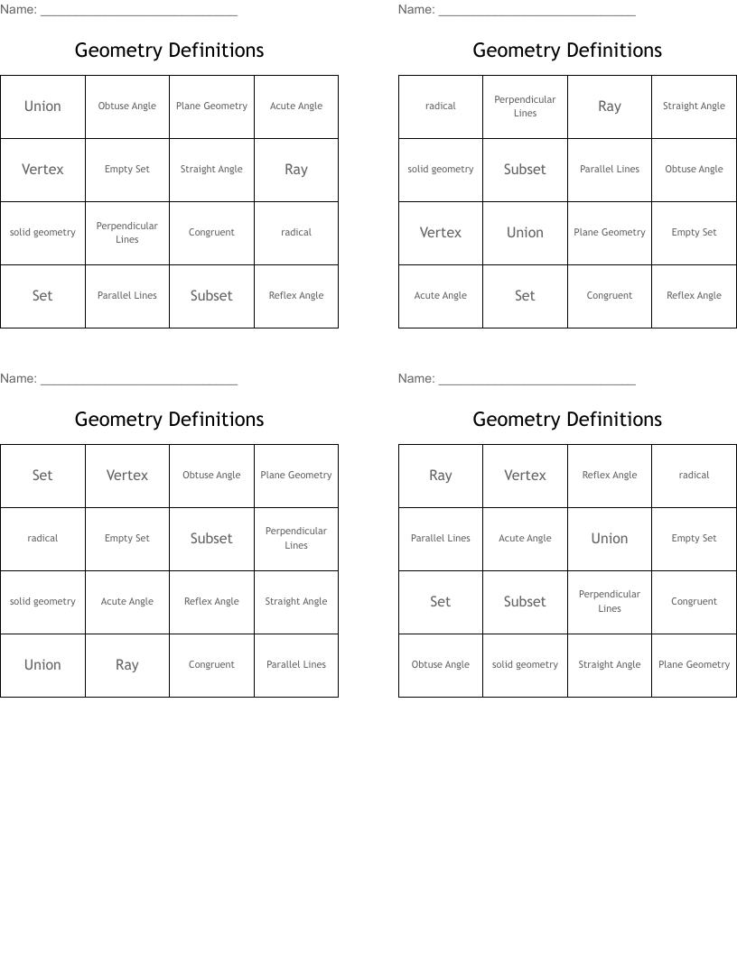 Geometry  Definitions Bingo Cards