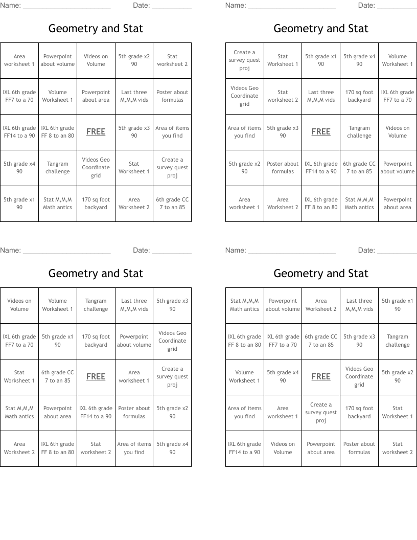 Geometry and Stat  Bingo Cards