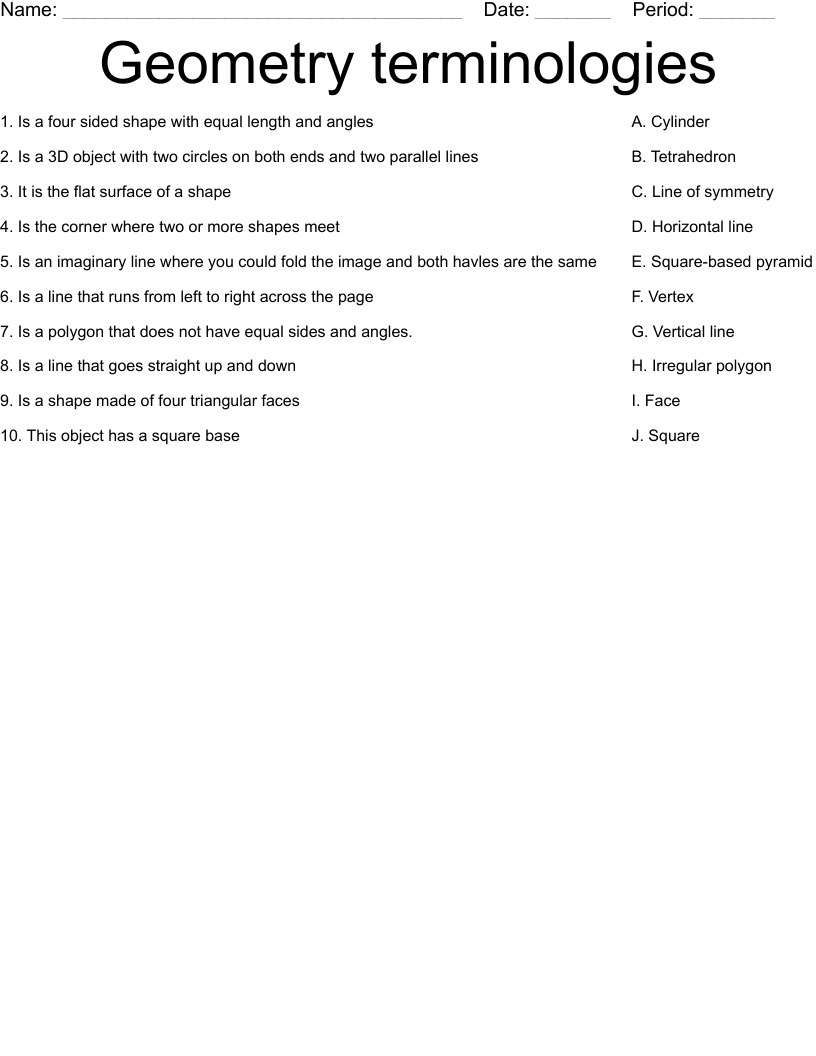 Geometry terminologies  Worksheet
