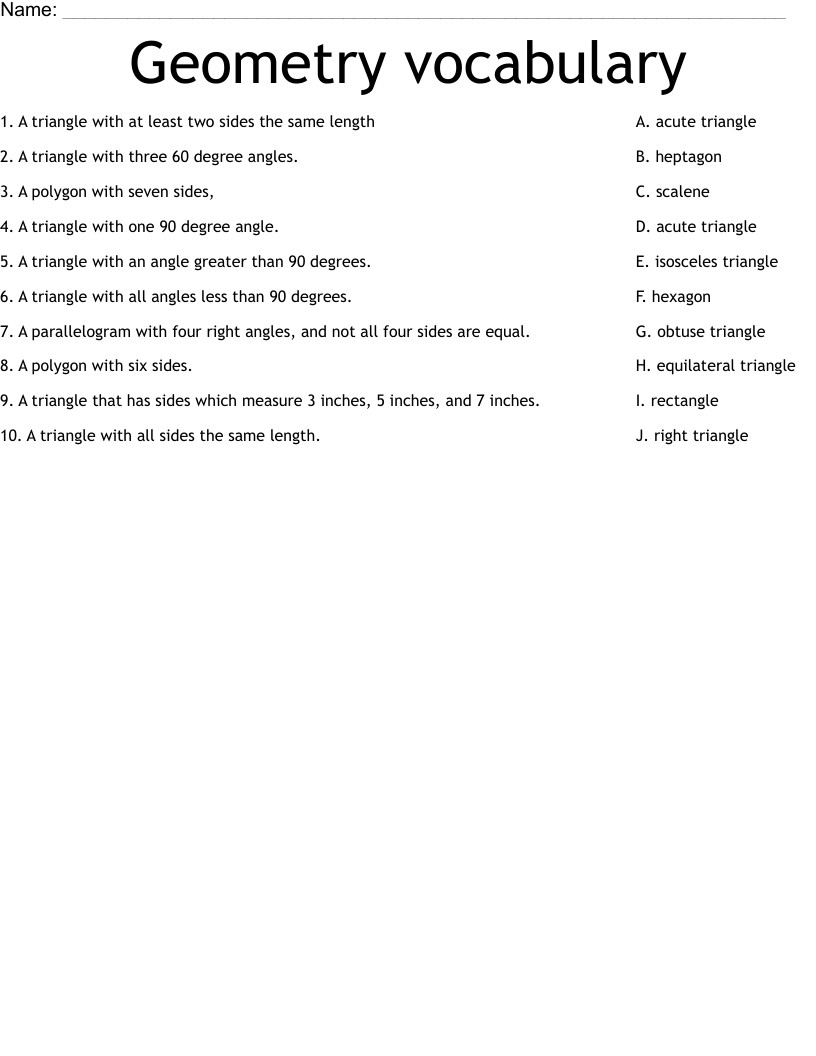 Geometry vocabulary  Worksheet