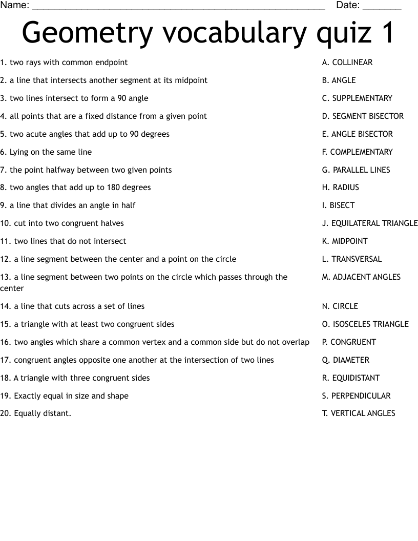 Geometry vocabulary quiz 1 Worksheet