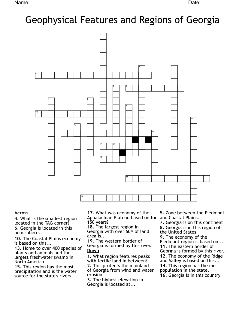 Geophysical Features and Regions of Georgia Crossword