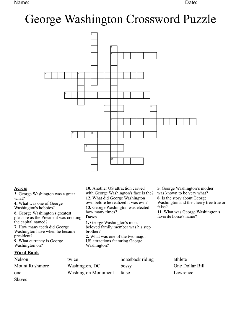 George Washington Crossword Puzzle