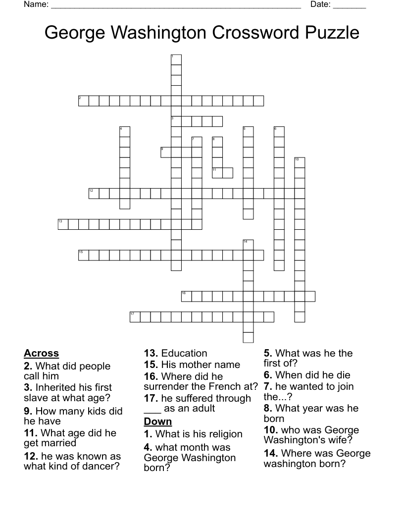 George Washington Crossword Puzzle 