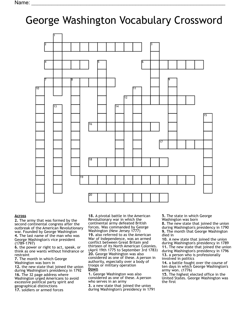 George Washington Vocabulary Crossword