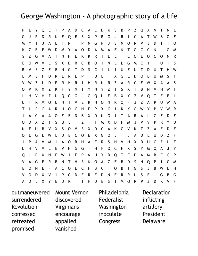 George Washington - A photographic story of a life Word Search