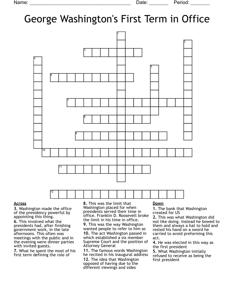 George Washington's First Term in Office Crossword
