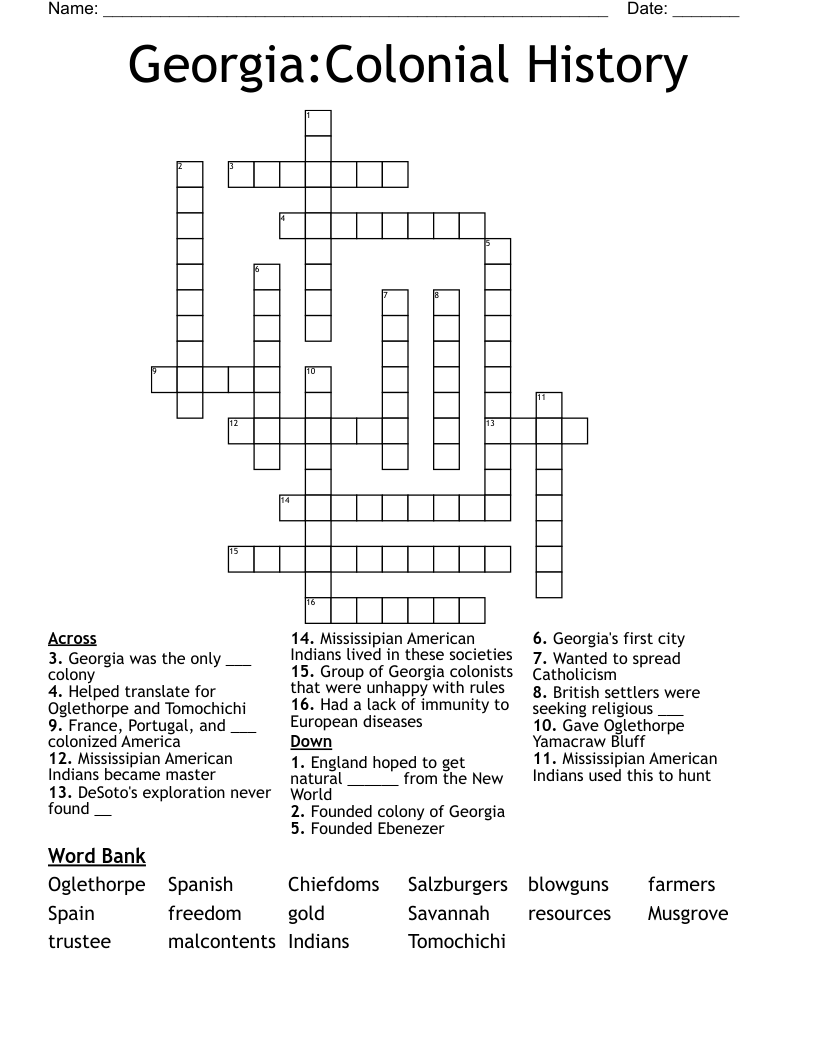 Georgia:Colonial History Crossword