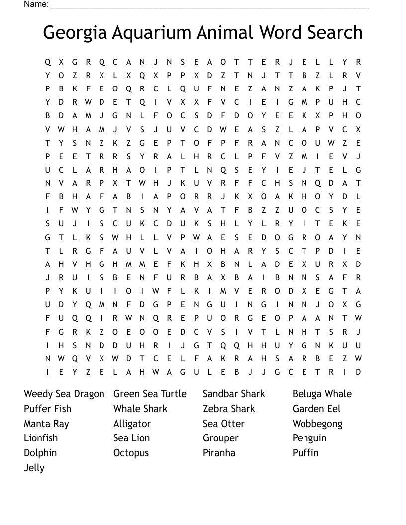 Georgia Aquarium Animal Word Search