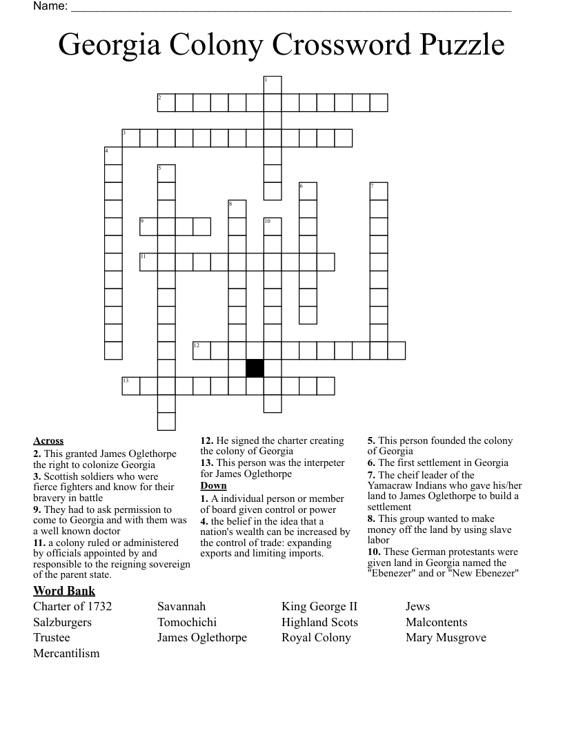 Georgia Colony Crossword Puzzle
