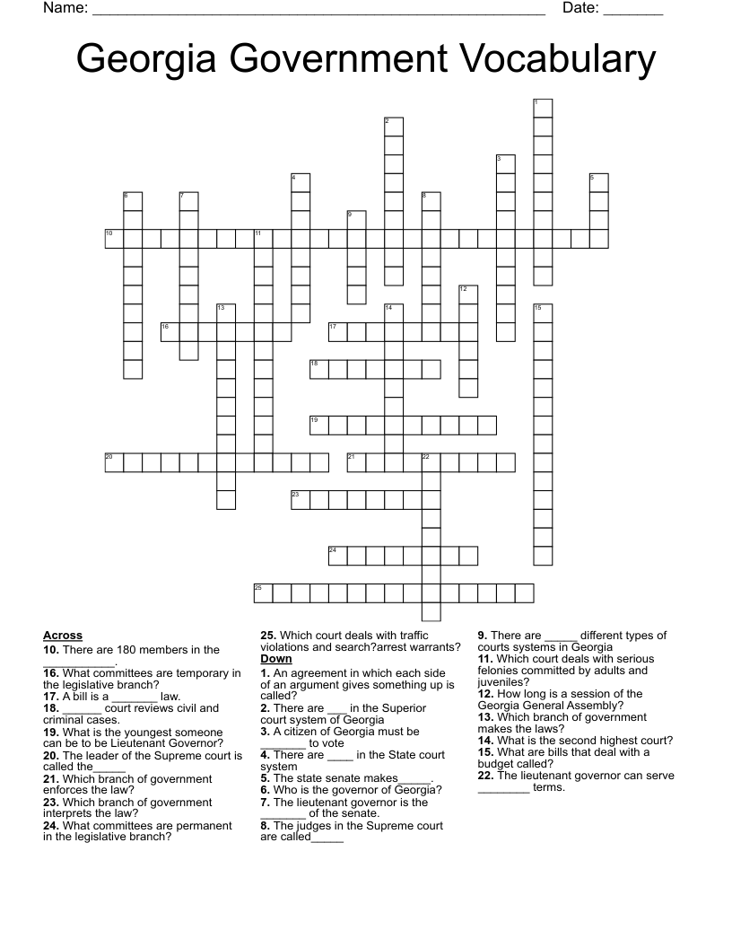 Georgia Government Vocabulary Crossword
