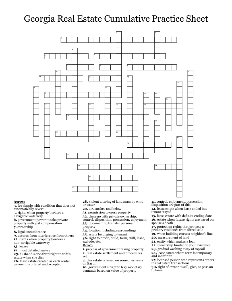 Georgia Real Estate Cumulative Practice Sheet Crossword