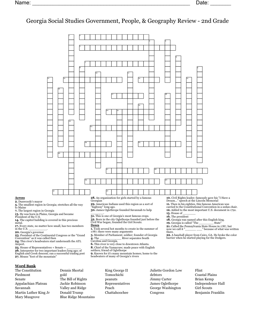 Georgia Social Studies Government, People, & Geography Review - 2nd Grade Crossword