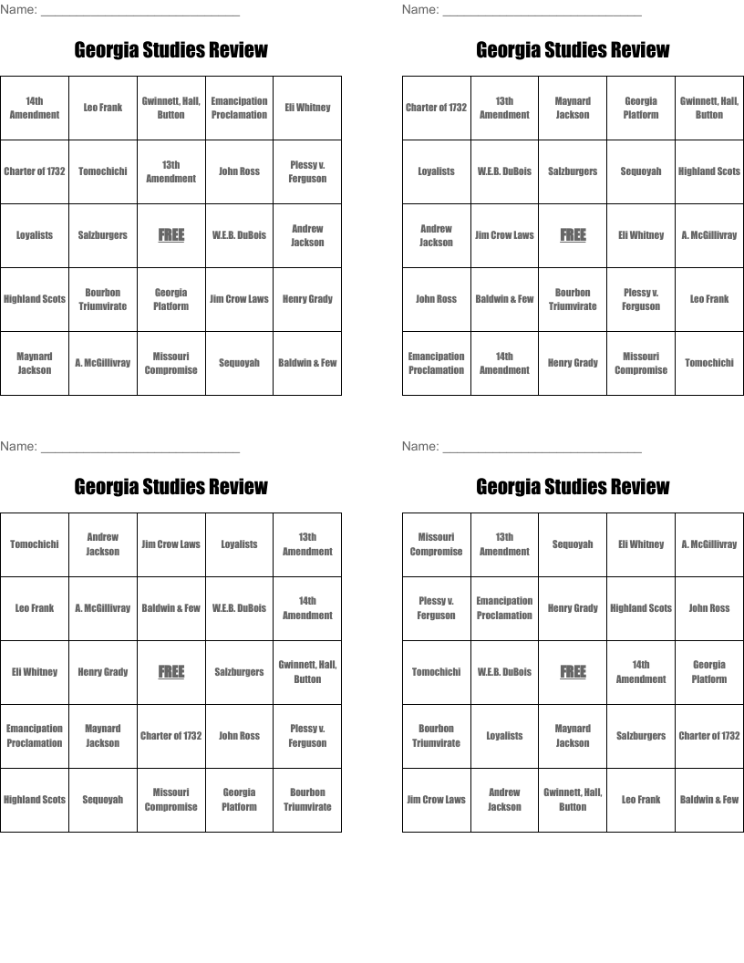 Georgia Studies Review Bingo Cards