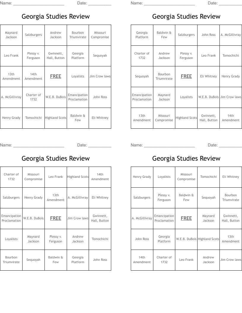 Georgia Studies Review Bingo Cards