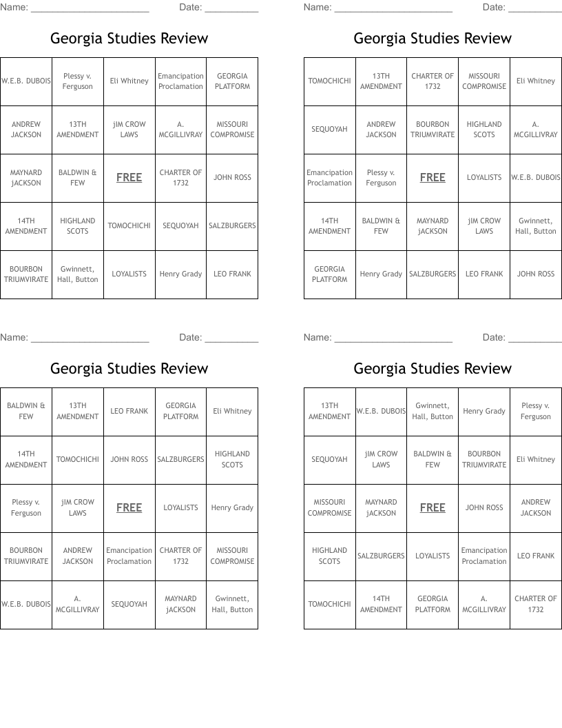 Georgia Studies Review Bingo Cards