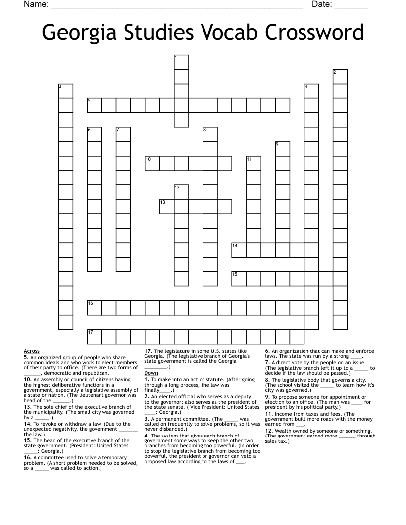 Georgia Studies Vocab Crossword