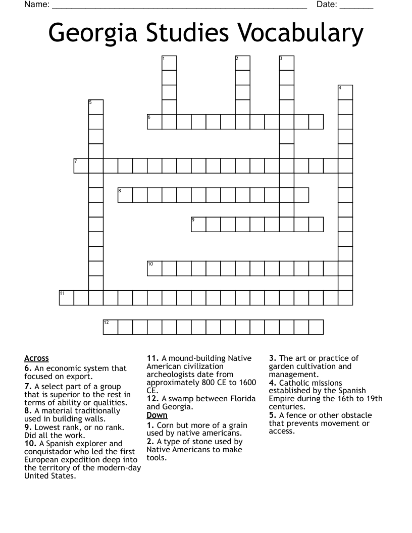 Georgia Studies Vocabulary Crossword